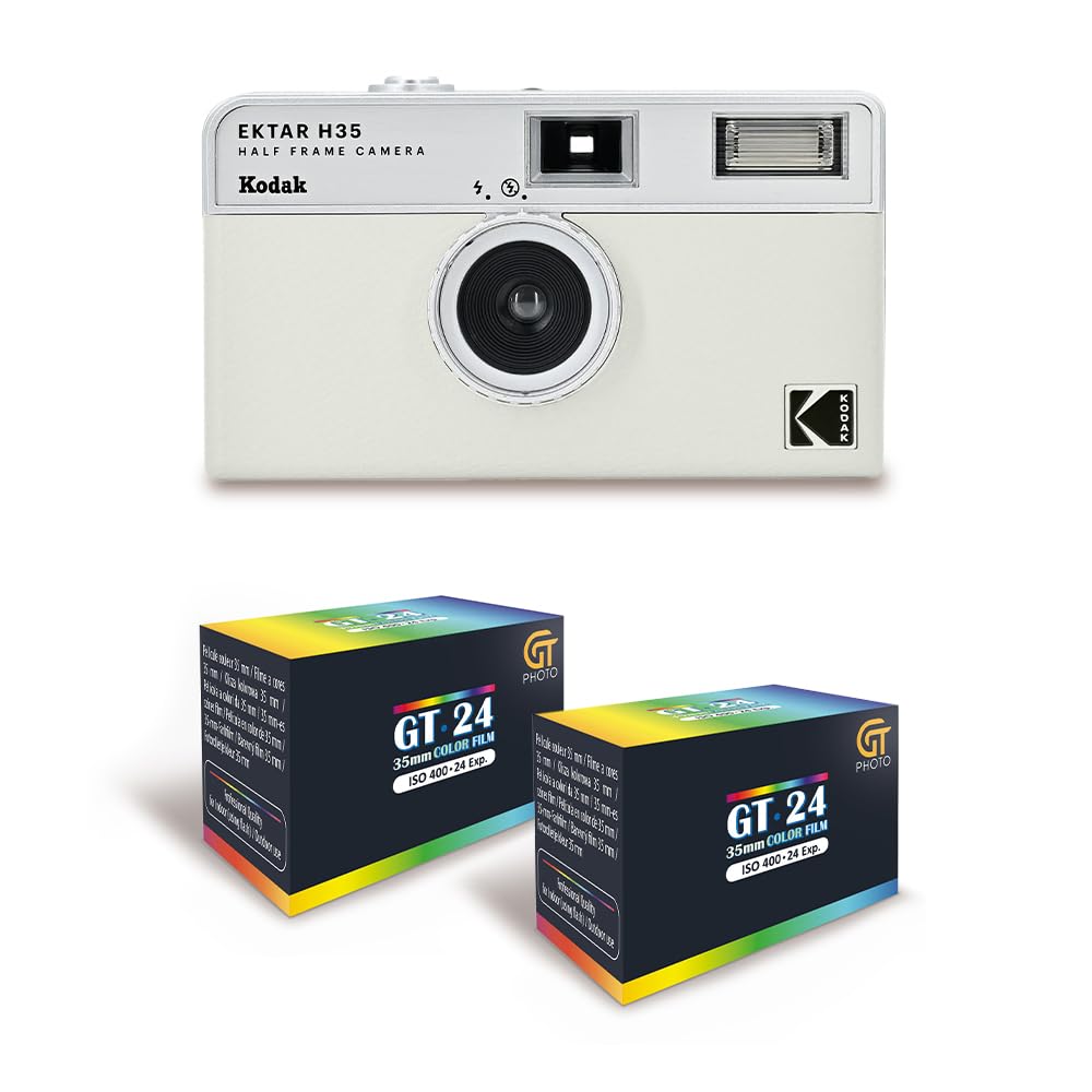 KODAK EKTAR H35 - Caméra Vidéo Demi-Format 35mm Réutilisable, sans Mise au Point, Légère, Facile à Utiliser - Blanc cassé + 2 Pellicules 35mm Couleur 24 Expositionss