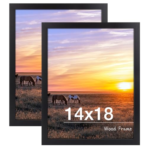 Image of Golden State Art, 14x18 Picture Frame, Black Solid Wood with Tempered Glass, 14 x 18 Frame for Horizontal or Vertical Gallery Wall, Large Size Poster Frames, 2 Pack