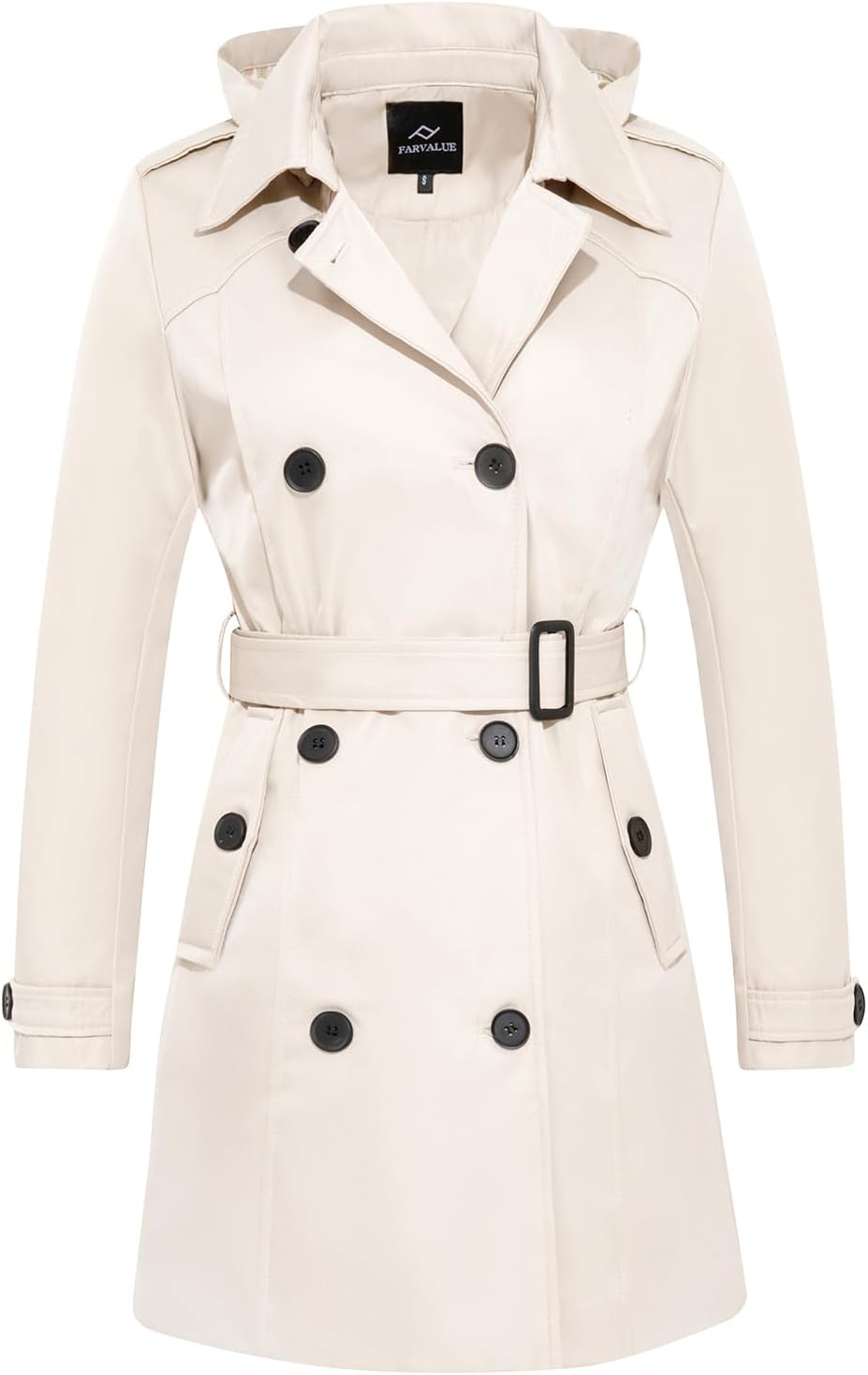 FARVALUE Women's Waterproof Trench Coat Double Breasted Windbreaker Classic Belted Lapel Overcoat with Removable Hood
