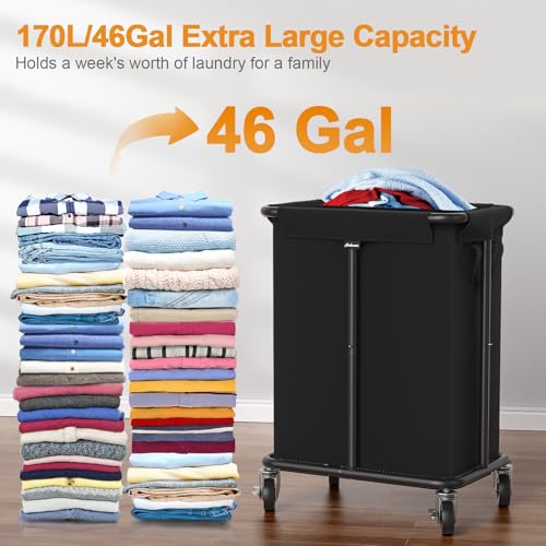 Hodonas Laundry Basket with Wheels, Rolling Laundry Hamper, 46 Gallons (170L), Removable and Machine Washable Liner, Steel Frame, Large Laundry Cart for Laundry Room, Bedroom, Bathroom, Dorm - Black by Hodonas - Used condition - Image 2