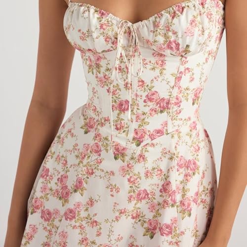 Image of Floral Corset Midi Dress Square Neck A Line Dress with Slit | Square neck floral midi dress with front tie bust wide straps A-line skirt side slit and lightweight fabric