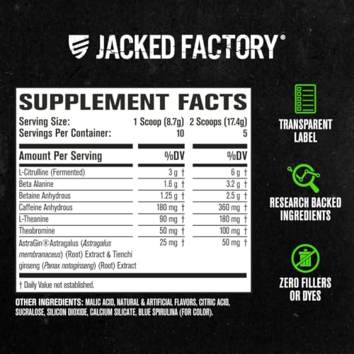 Image of Jacked Factory NITROSURGE Pre Workout Supplement - Endless Energy, Instant Strength Gains, Clear Focus, Intense Pumps - NO Booster & Preworkout Powder with Beta Alanine - 10 Servings, Blue Raspberry