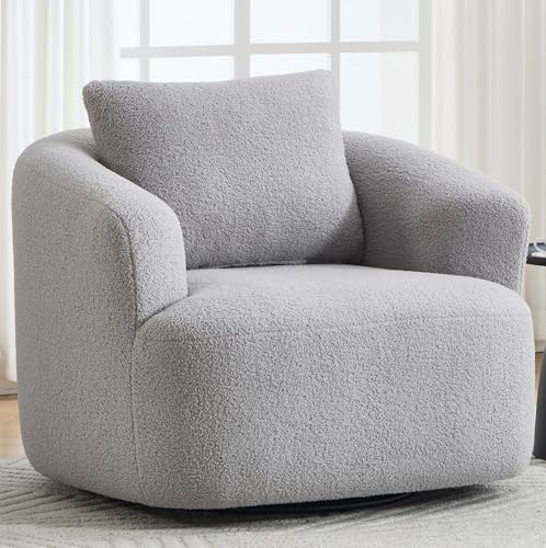 Light Grey Swivel Accent Chair, 360° Swivel Barrel Armchair with Soft Pillow & Metal Base, Comfy Round Cloud Sofa Chairs with High-Resilience Sponge Seat for Living Room, Bedroom (Light Grey)