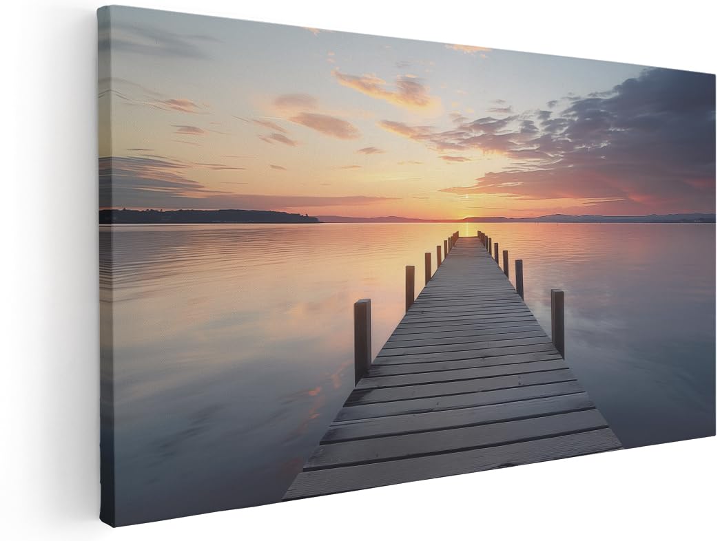 Artaza Leinwand Bilder Sonnenuntergang Meer - 80x40 cm - Wanddeko Steg - Deko Wohnzimmer - Maritime Wandbilder
