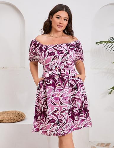 Image of Plus Size Women Boho Floral Dress Puff Short Sleeve Square Neck Button Front A-Line Flowy Summer Casual Midi Dress