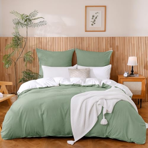 ATsense Ropa de cama de 135 x 200 cm, 4 piezas, color verde claro, 100 % algodón lavado con textura de lino, Öko-Tex, para alérgicos, 2 fundas nórdicas con 2 fundas de almohada de 80 x 80 cm