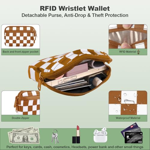 Image of YFWE Clip and Go Strap for Phone with Wallet Crossbody, Adjustable Phone Lanyard with Detachable RFID Wristlet Wallet, Phone Strap with Phone Tabs for All Phones, Bronze Checkered (M)