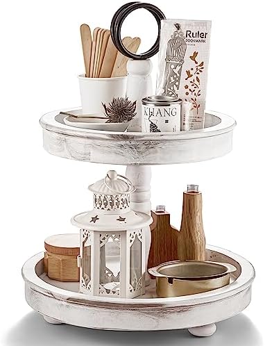 RABAHA 2 Tier Tray Stand Wood Farmhouse Decor - Two Tiered Decorative Tray Stand Wooden - 2 Table Kitchen Tray Rustic with Metal Round. Cake Stand, Cupcake, Cookie, Food and Party Display (White)