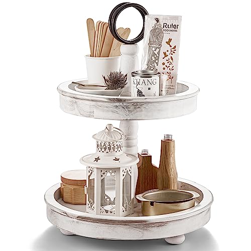 Rabaha 2 Tier Tray Stand Wood Farmhouse Decor - Two Tiered Decorative Tray Stand Wooden - 2 Table Kitchen Tray Rustic With Metal Round. Cake Stand, Cupcake, Cookie, Food And Party Display (White) #TOP15