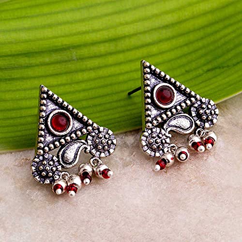 Voylla Women's Oxidised Brass Triangle Stud Statement Earrings With Pink Stone (Silver) #TOP4