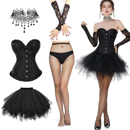Nujvnuj Schwarzer Schwan Kleid Set Gothic Vintage Rotator Manschette Korsett Damen Kostüm Tüll Rock Choker und Seidenstrümpfe - Mardi Gras...