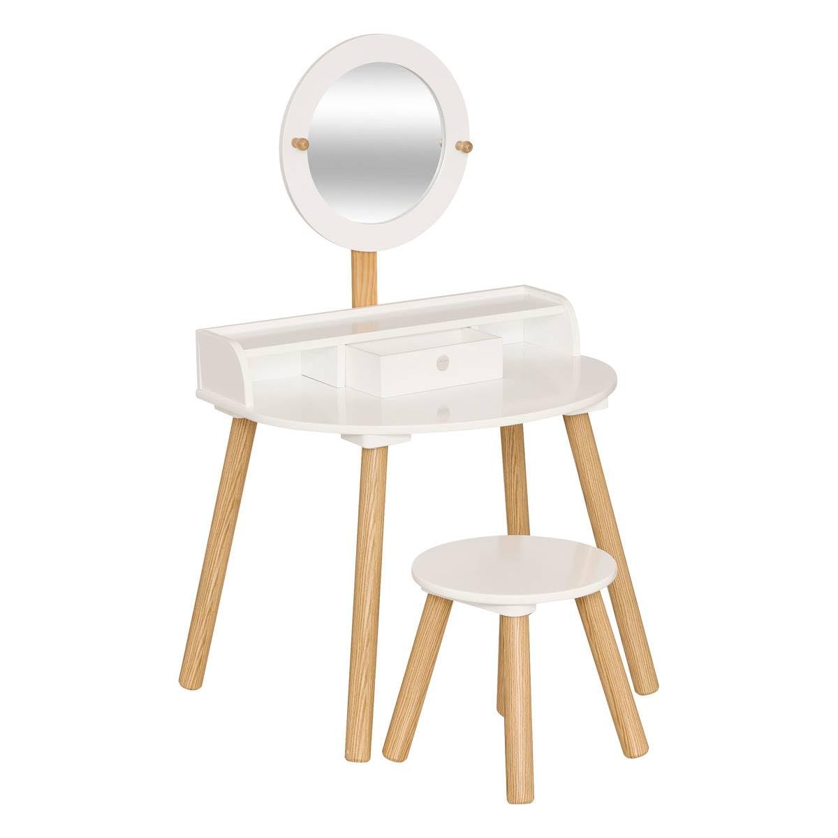 Atmosphera - Coiffeuse Enfant Bella - Blanc et Bois, L 61 x P 42 x H 89 cm, avec Tabouret, Miroir et Tiroir - pour Chambre d'enfant