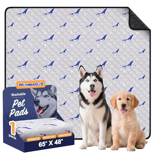 Image of Washable Dog Pee Pads, Non-Slip Waterproof, 65 x 48 in, 1 Pack, Dolphin | Super absorbent, waterproof and non-slip; washable, reusable dog pads for crates, playpens, floors, furniture and travel