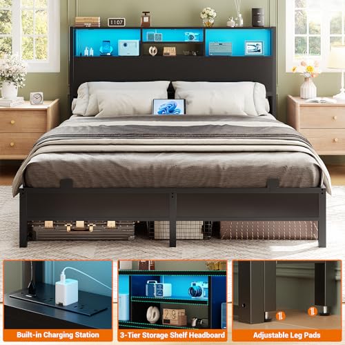 Image of Aheaplus Headboard for Full Size Bed with Storage, Headboards with Outlets | Full Size Head Board Only, with USB Ports and LED Light, Height Adjustable, Reversible, Sturdy & Stable Headboard, Black