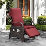 ATR ART TO REAL Outdoor Recliner with Flip Table, All-Weather PE Wicker Patio Reclining Lounge Chair, Adjustable Backrest and Footrest, Removable Cushion (One Chair - Red)