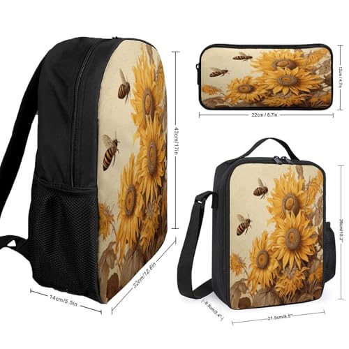 Printed Backpack With Lunch Pack Storage Box Case Bees And Sunflowers on Old Paper 3pcs Lightweight Travel Backpack2