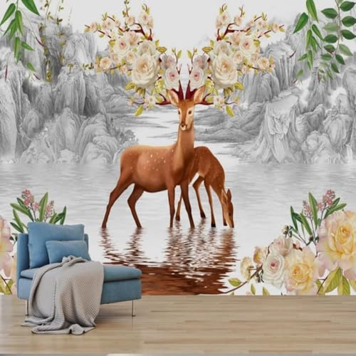 Tzxztt Dibujos Animados Paisajes Alces Rosa Flores Papel Pintado 3D Seda Texturizada Primera Calidad Neutros Material Ideal Para SalóN Dormitorio-200cm×140cm