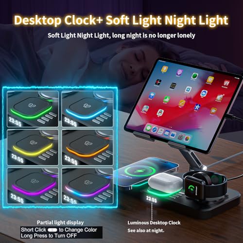 Image of Wireless Charger for Apple Multiple Devices, Charging Station with Clock &7 Color Ambient Light, Foldable Rotate Stand for iPad, for iPhone16 /15 /14, for Apple Watch10 /9 AirPods4 (Adapter Not Included)