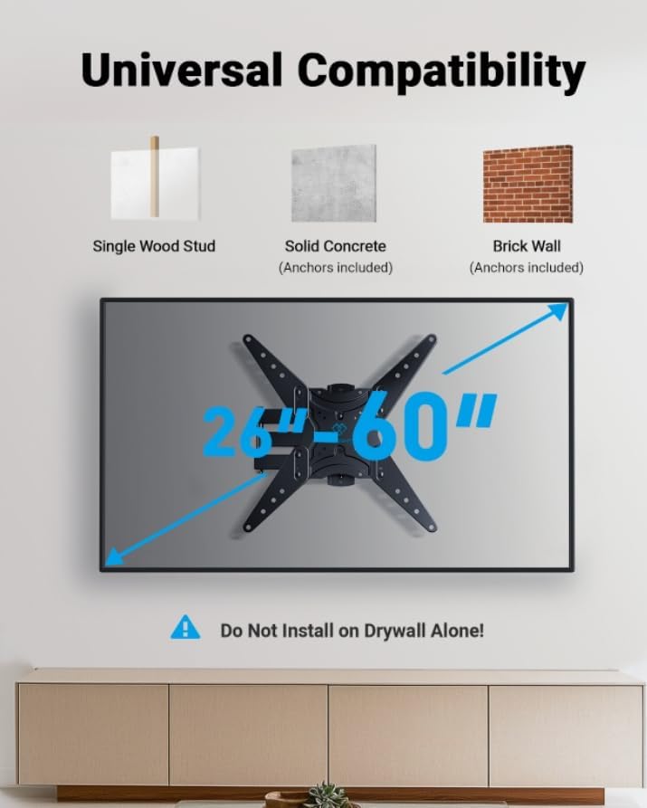 perlesmith full motion tv wall mount for 26-60 inch tvs, corner tv mount with articulating swivel tilt-single stud wall mount tv bracket vesa 400x400mm up to 77 lbs, perfect center design black 26-60" tv wall mount