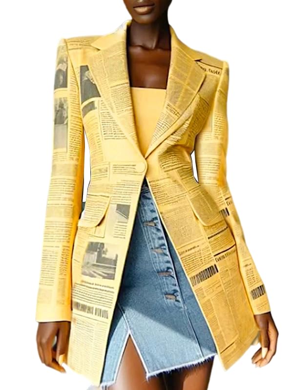 UOOZEE Womens Long Sleeve Newspaper Print Blazer Casual Chic Office Work Wear Party Formal Button Suit Jackets Outerwear