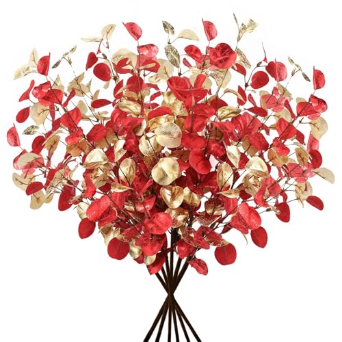 XIMISHOP 6 Bundles Christmas Eucalyptus Leaves，Artificial Faux Gold & Red Christmas Eucalyptus Stems for Xmas Party Home Decor DIY Flower Arrangement Xmas Table Centerpieces