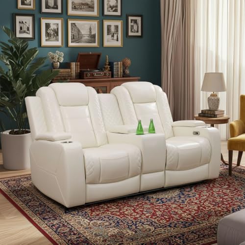 Image of Leather Recliner Loveseat Set, Power Leather Sectional Set with LED Light, Living Room Furniture Sets 2 Seats, Power Reclining Sofa Sets with Storage Console /Cup Holder for Living Room