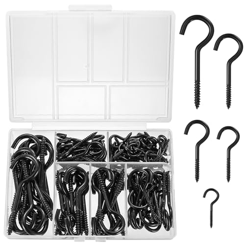 SZSLMY 115 Pcs Screw Hooks, Ceiling Hooks Screw, Cup Hooks, Metal Small Screw-in Hooks for Hanging Hooks, Hook Screws for Hanging Plants, Cups, Keys, Kitchen Cabinet Shelf, Black