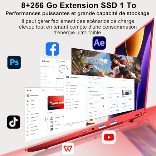 Ordinateur Portable 14 Pouces Celeron N5095 Jusqu’à 2.9 GHz Win11 PC Portable 8Go RAM 256Go SSD Extension1To Laptop avec Souris sans Fil qwerty Clavier avec AZERTY Membrane du Clavie - Rouge Métal-1 – Image 4