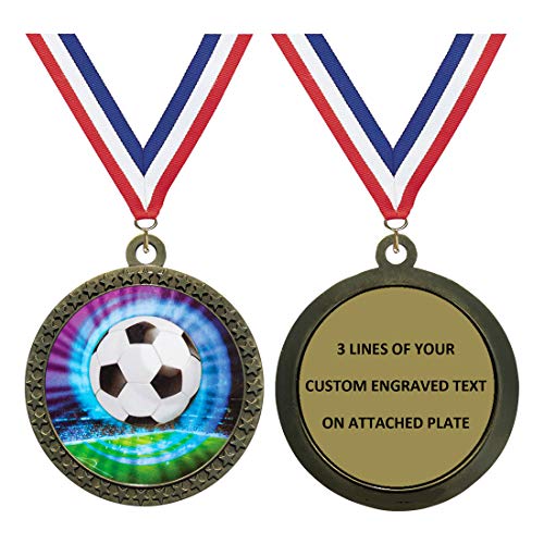 Express Medals Large 2.5 Inch Gold Color Soccer Medal Trophy Award Engraved Personalized Text and Neck Ribbon 446 (Pack of 10)