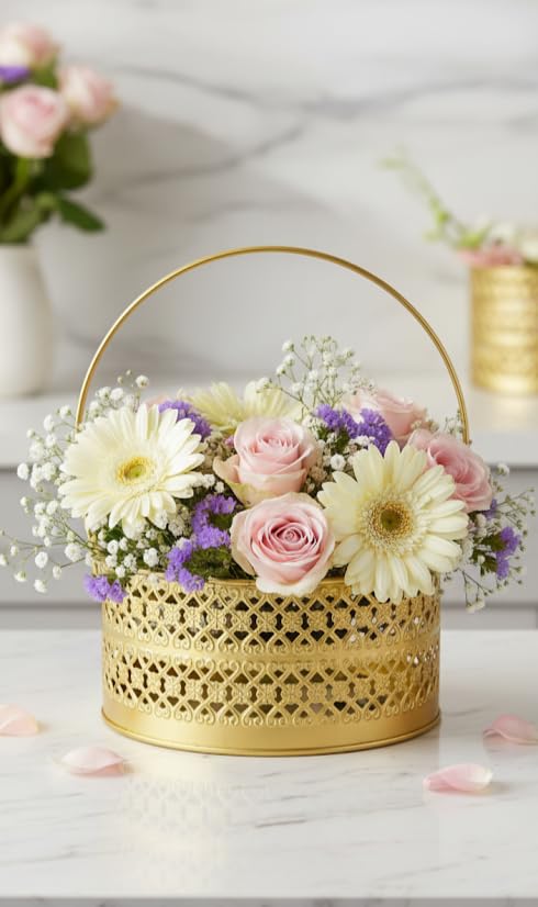 Spangle Zone Metal Round Flower Basket with Handle – Gold Decorative Basket for Puja, Dining Table, Home Décor, and Fruit Arrangement-image-48