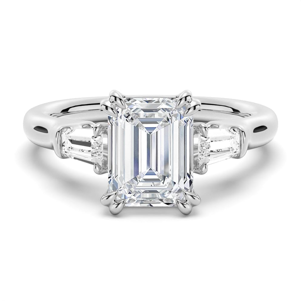 MSBLUE® Emerald Cut Engagement Ring, 2ct Moissanite Center Diamond with Tapered Baguette Side Stones, Sterling Silver with 14K Gold Vermeil, Rhodium Finished