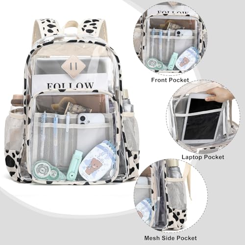 Xunteny Clear Backpack for Girls Women School Bookbag Heavy Duty Transparent Backpacks (Corduroy Cow Print Black) by Xunteny - Used condition - Image 3
