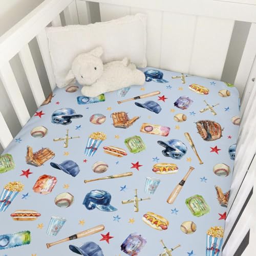 Image of Watercolor Baseball Baby Crib Sheets 52''x28'' Patriotic American Sports Stretchy Fitted Mattress Cover for Boy Girl Outdoor Sports Lovers Soft Baby Sheets for Standard Crib and Toddler Mattress