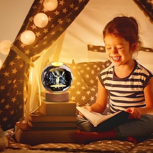 Image of 3D Crystal Ball Night Light with Wooden Base, Aesthetic Clear LED Lamp for Home and Bedroom Touch Switch, Warm Light for Kids and Teens Perfect Birthday & Anniversary (3D Deer Lamp)