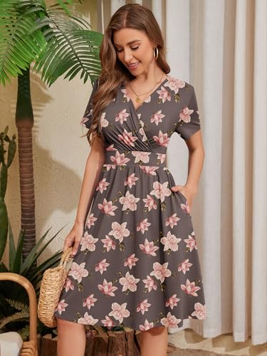 Image of Heymoments Womens Summer Short Sleeve Casual Dresses V-Neck Beach Dress with Pockets S-2XL