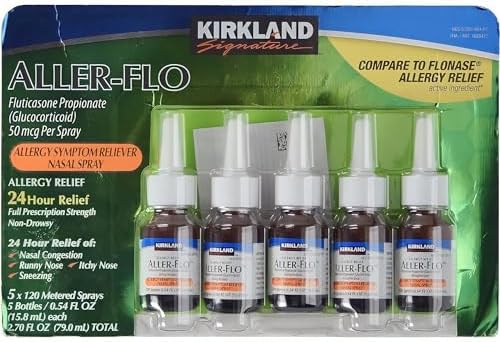 Amazon.com : Kirkland Signature Aller-Flo Fluticasone Propionate (Glucorticoid) 5 Bottles x 120 Metered Sprays 0.54 Fl OZ per Bottle (15.8 mL x 5) 2.70 OZ Total (79 mL Total) 600 Total Sprays Total, 1-Pack