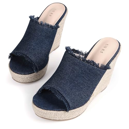 Perphy Womens Espadrilles Wedge Open Toe Denim Wedge Blue Jean Shoes Slip on Slide Mules Sandals3