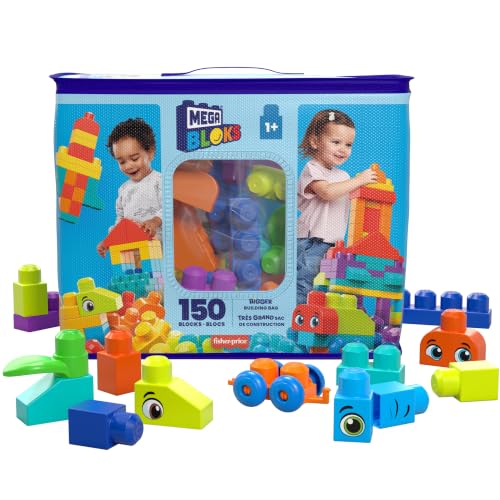 MEGA HHM96 - MEGA BLOKS Bausteinebeutel Deluxe 150 große und farbenfrohe Bausteine mit einer Aufbewahrungstasche Konstruktionsspielzeug Spielzeug-Geschenkset für Kinder ab 1 Jahr