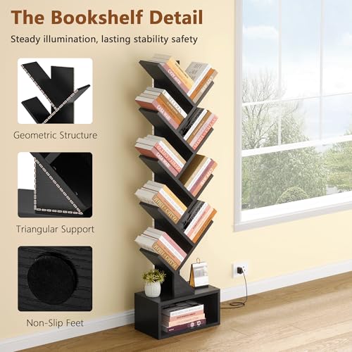 Image of Hoctieon 9 Tier Tree Bookshelf, Tall Bookcase, Freestanding Book Shelf with LED Lights, Display Floor Standing Storage Shelf, Book Organizer Shelves for Home Office, Living Room, Black
