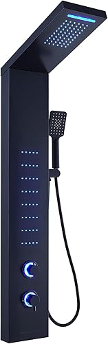 ELLO&ALLO Sistema de torre de panel de ducha de acero inoxidable, sistema de masaje de lluvia con chorros de cuerpo LED, color negro Negro -,Negro y