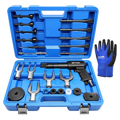 Image of ZKTOOL 27PCS Air Hammer Kit - Functional Powerful Pneumatic Hammer Piece Chisel Set, 2500BPM Quick Change Retainer Air Hammer with Shovel Heads and Ball Joint Separator Set - Carrying Case & Gloves