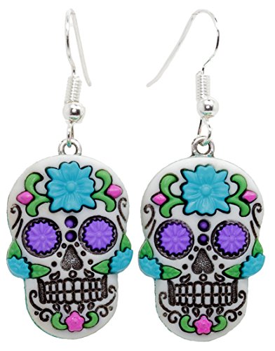 Bluebubble DIA DE LOS MUERTOS Blue Flower Skull Dangle Earrings With FREE Gift Box