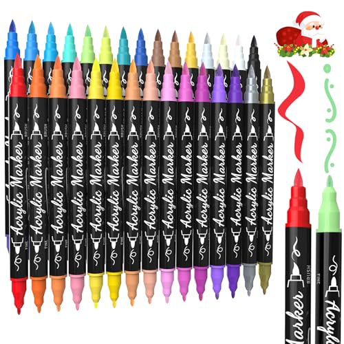 Image of TOSHARE 30 Colors Acrylic Paint Markers, Brush&Fine Dual Tip Acrylic Paint Pens for Rock, Wood, Paper, Fabric, Canvas, Glass, Ceramic, Egg, Scrapbook and DIY Crafts Supplies-Teacher Appreciation Gift