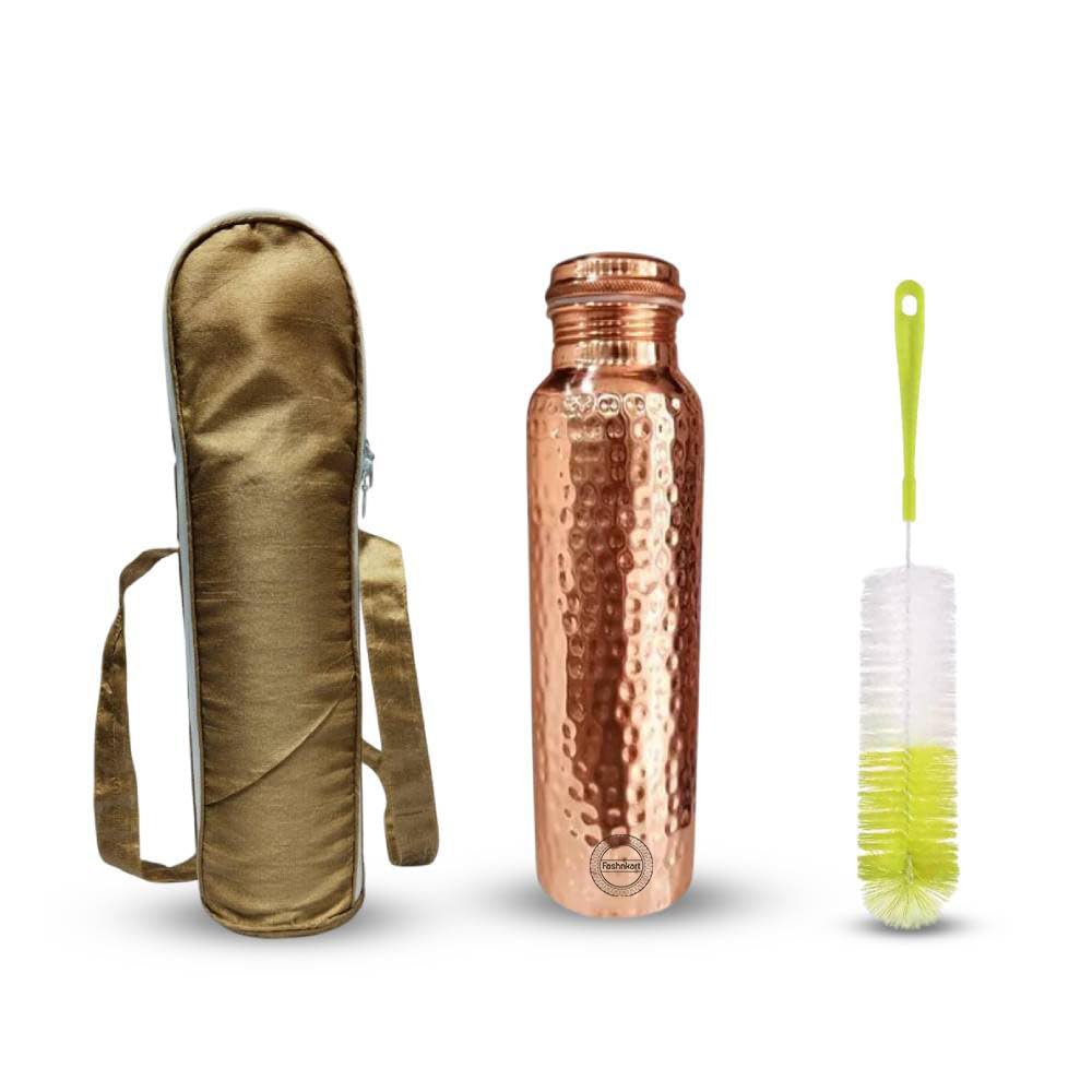 Fashnkart Hammered Copper Water Bottle Regular Pure Copper Bottle Yoga Water Bottle Ayurveda Health Benefits Leak Proof 1000 Ml With Bag & Brush