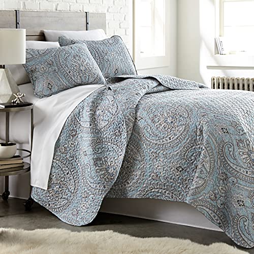 Southshore Fine Living, Inc. Oversized Quilt King Size Bedding Set, Lightweight Comforter, Cal King Quilt Coverlet & 2 Matching Quilted Pillow Shams, Blue Paisley Comforter Set, Pure Melody Aqua