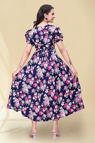Image of Women's A-Line Crepe Maxi Dress | Stylish Fit and Flare Dress with Round Neck Short Puff Sleeves for Casual Wear