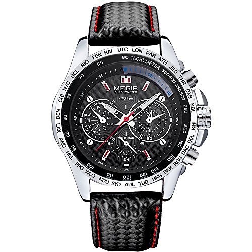 Reloj de pulsera analógico de cuarzo para hombre, correa de piel negra, casual, reloj de pulsera para niño y hombre (cronógrafo no funciona)