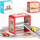 UDEAS Wooden Toy Car Set for Toddlers, Car Track and Parking Garage Playset, Toy Vehivle Set with Blocks Storage Box for Kids Boys and Girls