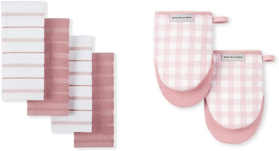 KitchenAid Albany Kitchen Towel 4-Pack Set, Dried Rose/White, 16"x26" & Gingham Mini Oven Mitt 2-Pack Set, Dried Rose, 5.5"x8"