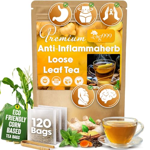 60 Tea Bags - Anti-Inflammaheb Loose Leaf Tea, 100% Natural from Ginger, Turmeric, Peppermint, Black Pepper, Cinnamon. Made with Natural Material Tea Bags. No Sugar, No Caffeine, No Gluten, Vegan.